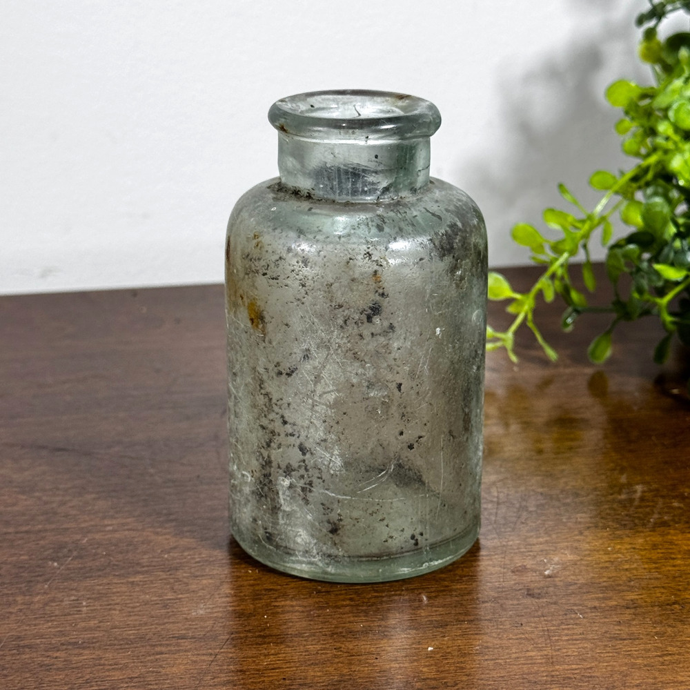 Antique Aqua Glass Jar Collectible Pre-1900 3.5" Tall